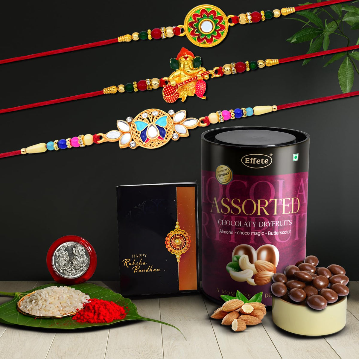(K3_511+513+514_AS) Rakhi Combo with Assorted Chocolate Dryfruits 96gm, Rakhi for brother with gift, chocolate gift pack, rakhi with Chocolate Gift Hemper, Fancy Rakhis for men, Set of 3 Rakhi