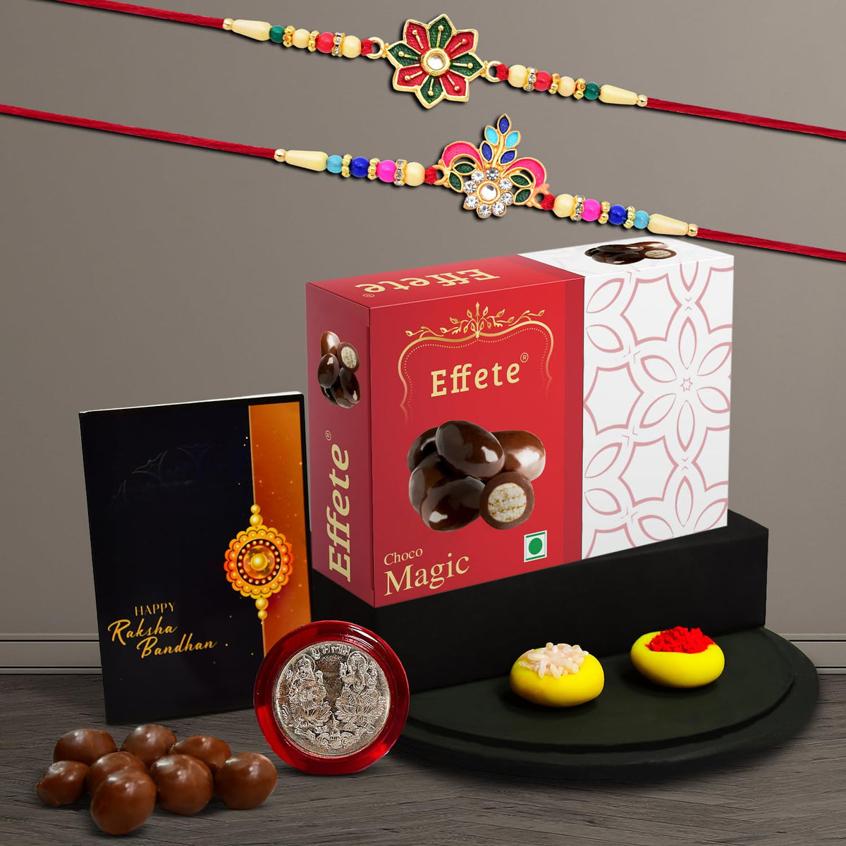 (K2_557+558_EM32) Rakhi Combo with Chocolate Magic 32gm| Rakhi for brother with gift | Fancy Rakhis for men stylish |rakhi combo for brother | Set of 2 Rakhi |  Chocolate |