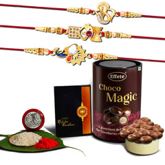 (K3_412+413+414_EM) Rakhi Combo with Chocolate Magic | Rakhi for brother with gift | chocolate gift pack |rakhi with Chocolate Gift Hemper | Fancy Rakhi for men | Set of 3 |