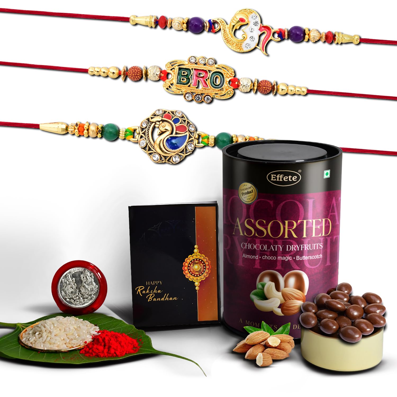 (K3_407+408+411_AS) Rakhi Combo with Assorted Chocolate Dryfruits 96gm, Rakhi & Chocolate for brother, Rakhi with chocolate, rakhi with gift, Rakhi Combo, Set of 3 Rakhi,  Chocolate