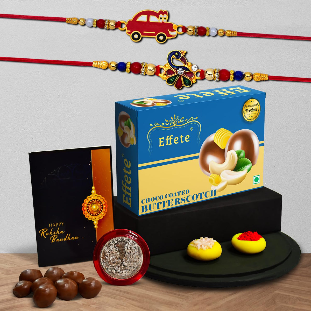 (K2_315+316_BS32) Rakhi Combo with Chocolate Butter Scotch 32gm | stylish rakhi for brother | Rakhi & Chocolate for brother | rakhi brother | rakhi with gift | handmade rakhi | Set of 2