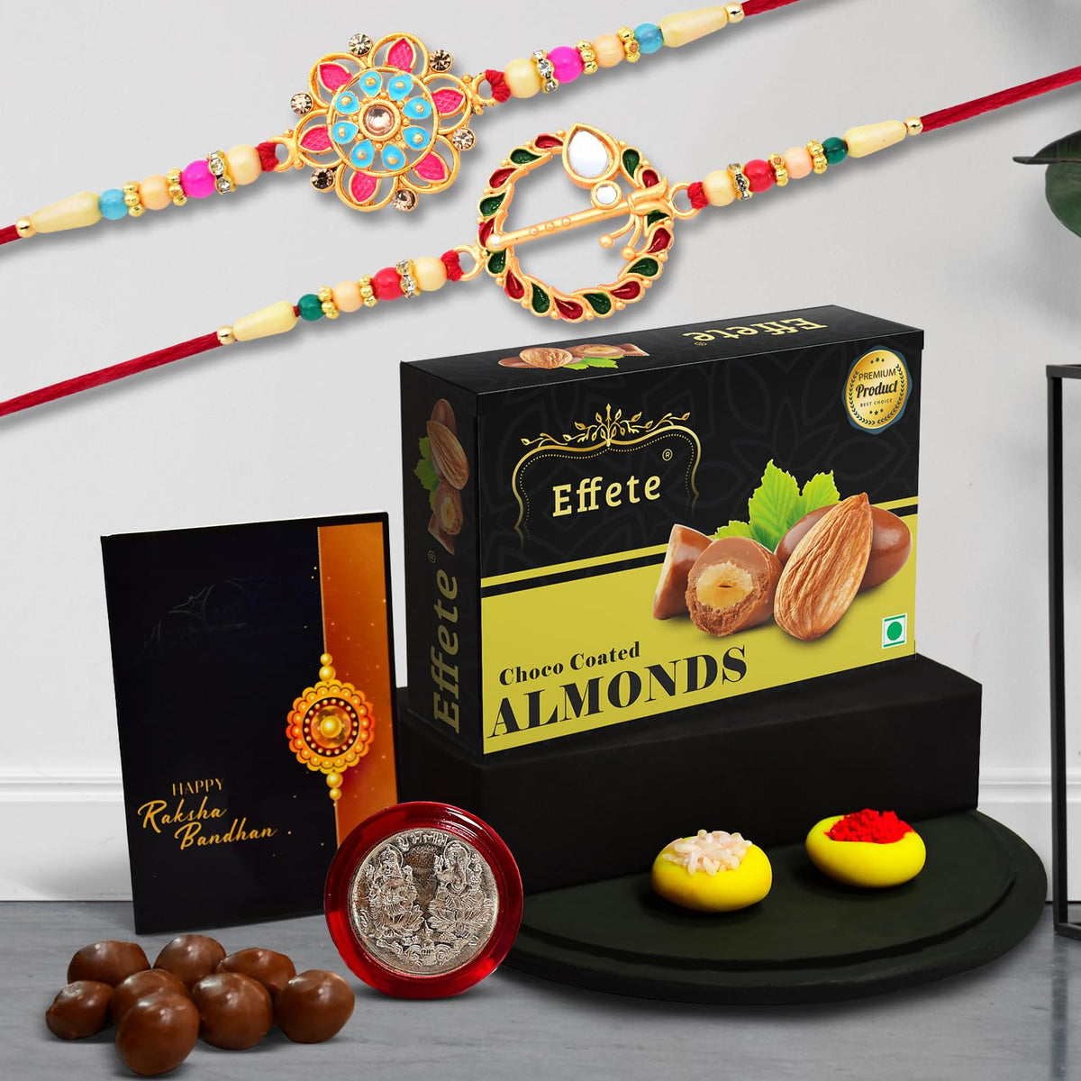 (K2_559+560_CA32) Rakhi Combo with Chocolate Almonds 32gm, Rakhi for brother with gift, chocolate gift pack, rakhi with Chocolate Gift Hemper, Fancy Rakhis for men, Set of 2 Rakhi