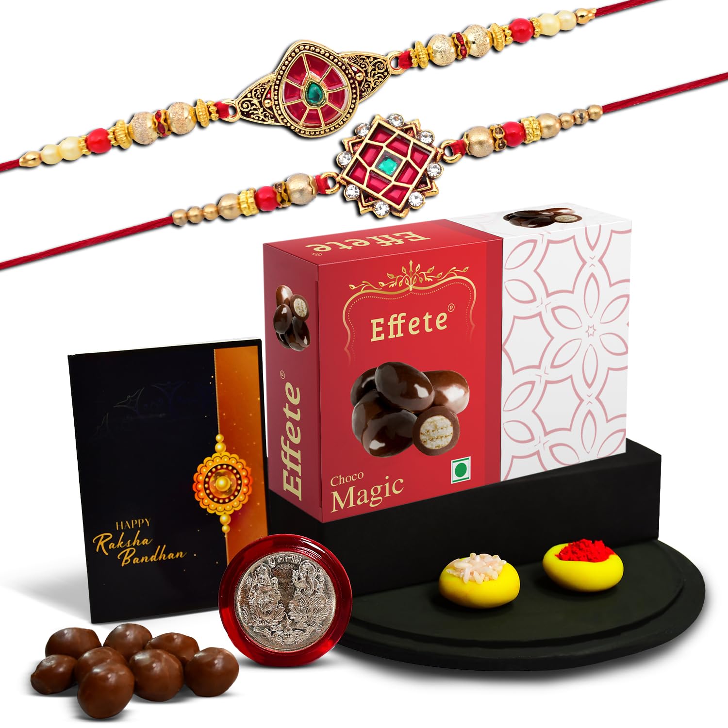 (K2_418+419_EM32) Rakhi with Chocolate Magic 32gm| Rakhi for brother with gift | handmade rakhi |rakhi combo for brother | stylish rakhi for brother | Set of 2 Rakhi |