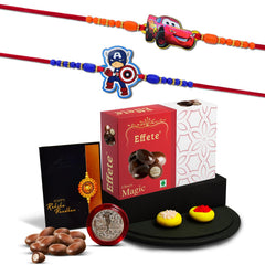 (K2_870+871_EM32) Rakhi Combo with  Chocolate Magic 32gm, Pooja Coin & Greeting Card, kids rakhi with gift, rakhi with gift for kids, rakhi for kids, Rakhi with chocolate, rakhi for brother kids, rakhi for kids boy, rakhi set of 2