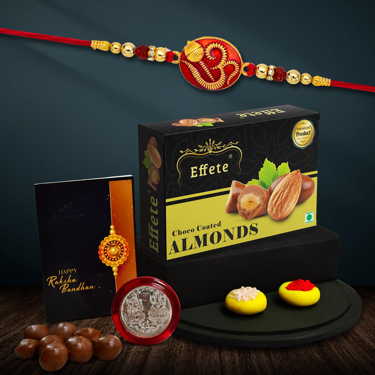 (K1_277_CA32) Rakhi Combo with Chocolate Almonds 32gm| Rakhi for brother with gift | Fancy Rakhis for men stylish |rakhi combo for brother | Set of 1 Rakhi | Chocolate |