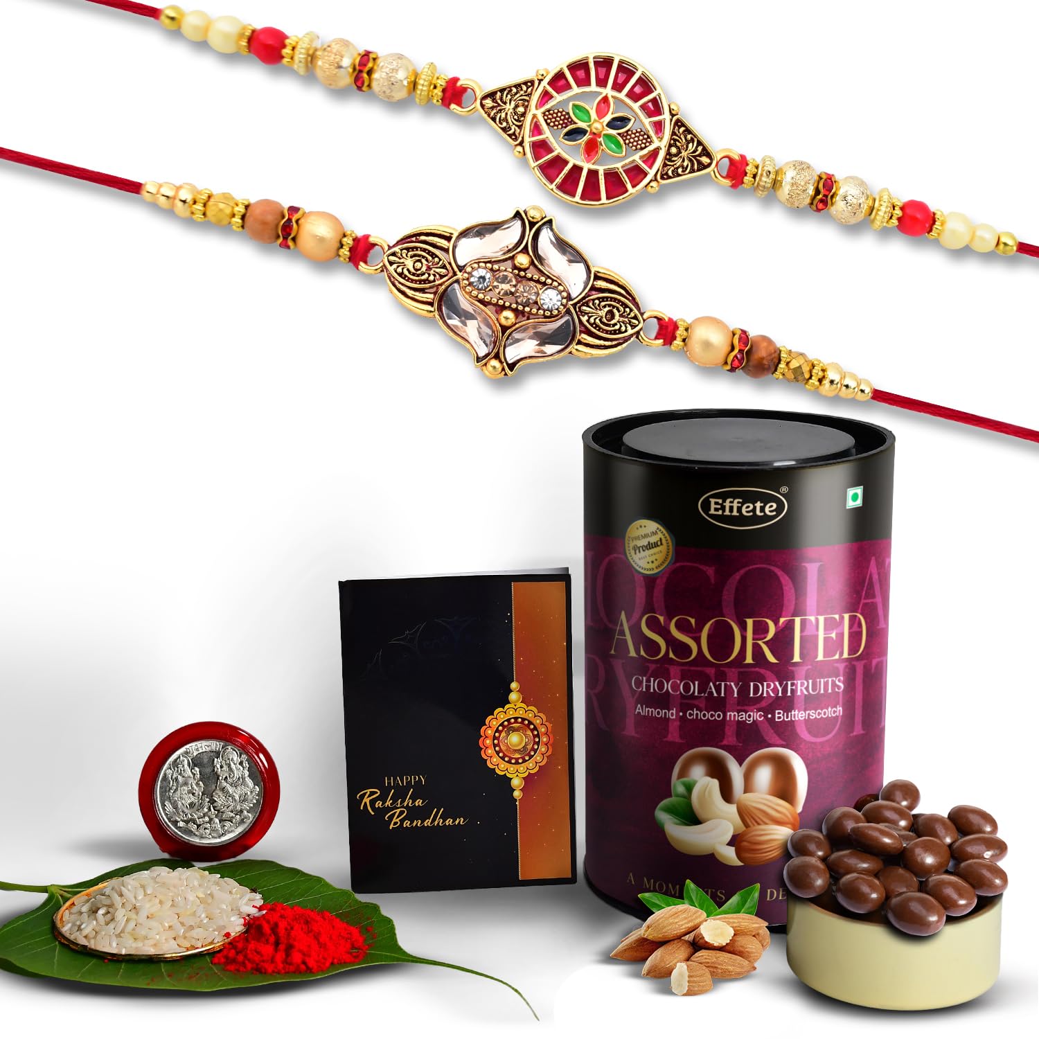 (K2_427+428_AS) Rakhi with Assorted Chocolate Dryfruits 96gm| Rakhi for brother with gift | handmade rakhi |rakhi combo for brother | stylish rakhi for brother | Set of 2 Rakhi |