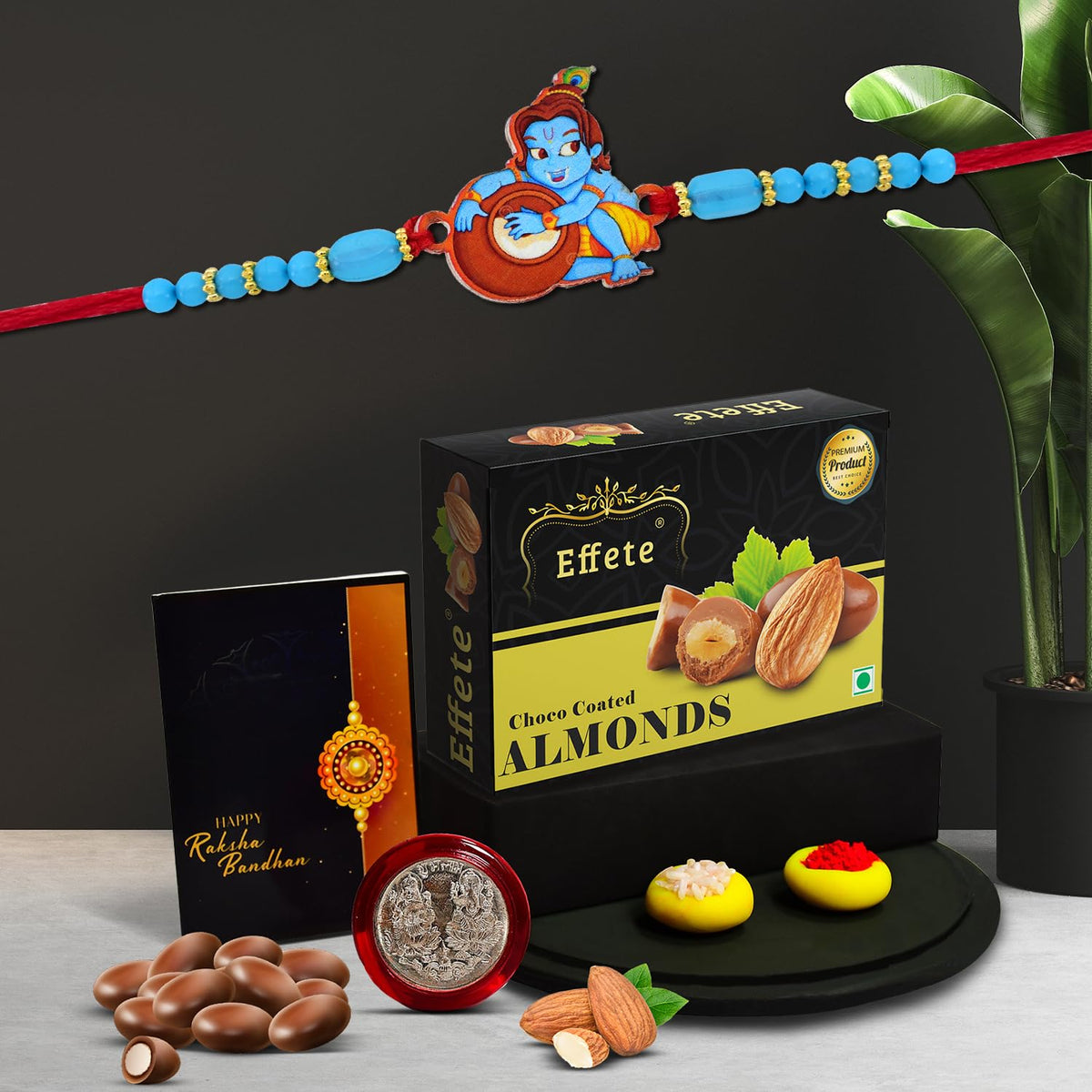 (K1_876_CA32) Rakhi Combo with Chocolate Almonds 32gm, Pooja Coin & Greeting Card, rakhi combo for kids, rakhi for kids with gift, rakhi gift for brother kids, rakhi gift for kids, Rakhi Gift Hamper, kids rakhi combo, rakhi set of 1
