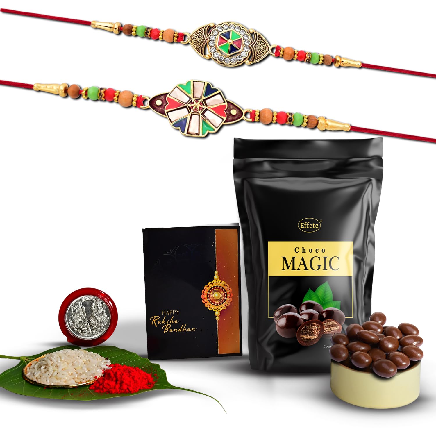 (K2_416+417_SM) Rakhi Combo with Choco Magic (Pouch), Rakhi & Chocolate for brother, Rakhi with chocolate, rakhi with gift, Rakhi Combo, Set of 2 Rakhi, Chocolate