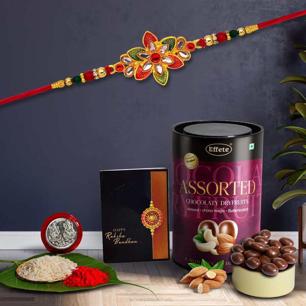 (K1_526_AS) Rakhi with Assorted Chocolate Dryfruits 96gm| Rakhi for brother with gift | handmade rakhi |rakhi combo for brother | stylish rakhi for brother | Set of 1 Rakhi |