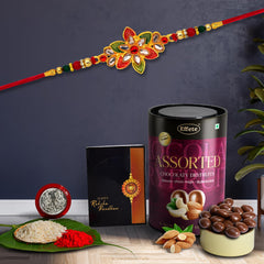 (K1_526_AS) Rakhi with Assorted Chocolate Dryfruits 96gm| Rakhi for brother with gift | handmade rakhi |rakhi combo for brother | stylish rakhi for brother | Set of 1 Rakhi |