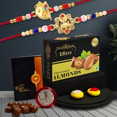 (K2_14+15_CA32) Rakhi Combo with Chocolate Almonds 32gm| Rakhi for brother with gift | Fancy Rakhis for men stylish |rakhi combo for brother | Set of 2 Rakhi | Chocolate |