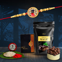 (K1_431_SM) Rakhi Combo with Choco Magic (Pouch), Pooja Coin & Greeting Card, Rakhi Gift Hamper, Rakhi & Chocolate for brother, Fancy Rakhis for men stylish, rakhi with gift, Rakhi Combo, rakhi set of 1 , Rakhi Chocolate Gift combo