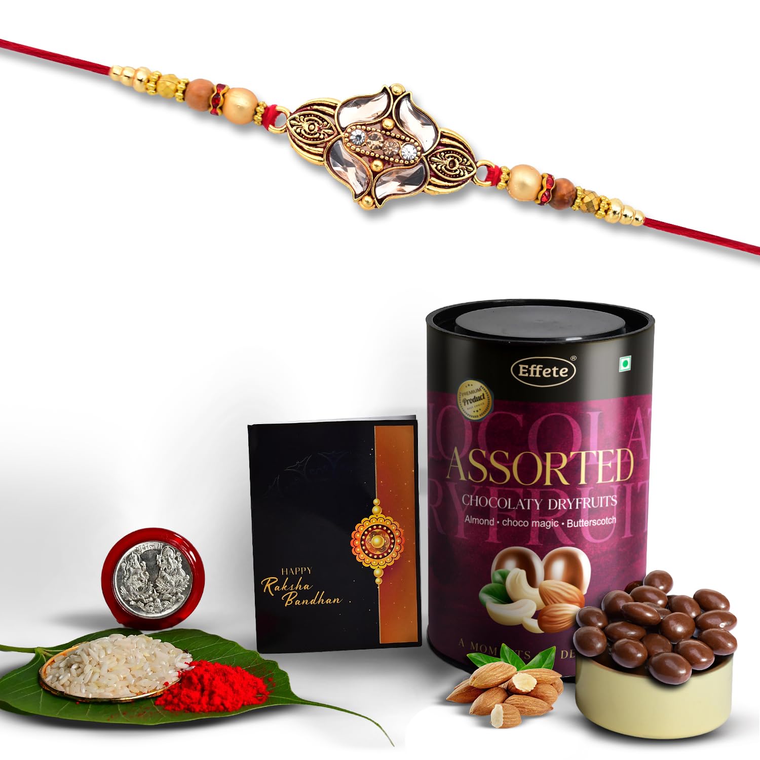 (K1_428_AS) Rakhi Combo with Assorted Chocolate Dryfruits 96gm, Rakhi for brother with gift, chocolate gift pack, rakhi with Chocolate Gift Hemper, Fancy Rakhis for men, Set of 1 Rakhi