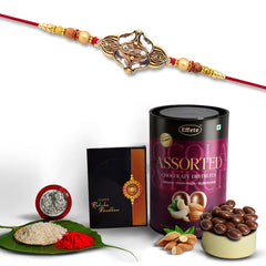 (K1_428_AS) Rakhi Combo with Assorted Chocolate Dryfruits 96gm, Rakhi for brother with gift, chocolate gift pack, rakhi with Chocolate Gift Hemper, Fancy Rakhis for men, Set of 1 Rakhi