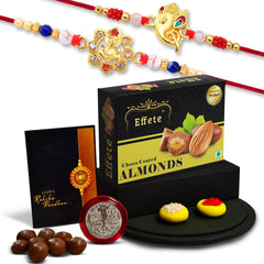 (K2_14+15_CA32) Rakhi Combo with Chocolate Almonds 32gm| Rakhi for brother with gift | Fancy Rakhis for men stylish |rakhi combo for brother | Set of 2 Rakhi | Chocolate |