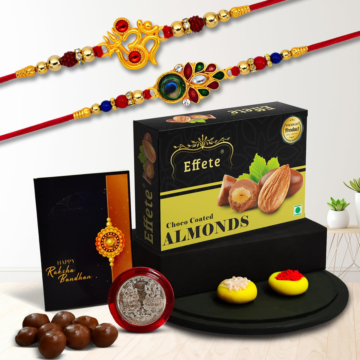 (K2_317+319_CA32) Rakhi Combo with Chocolate Almonds 32gm, Rakhi for brother with gift, chocolate gift pack, rakhi with Chocolate Gift Hemper, Fancy Rakhis for men, Set of 2 Rakhi