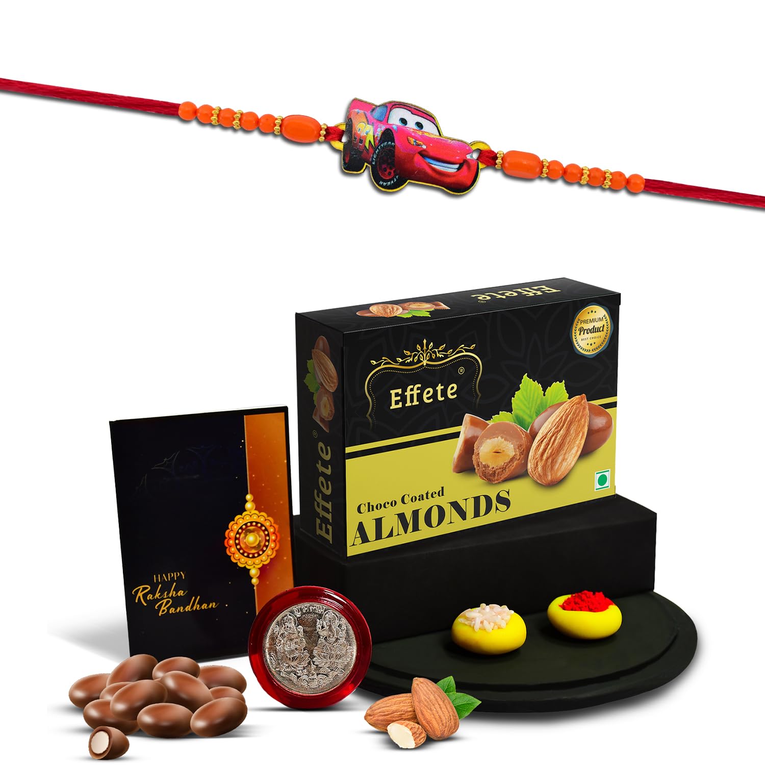 (K1_880_CA32) Rakhi Combo with Chocolate Almonds 32gm, Pooja Coin & Greeting Card, rakhi for brother kids, rakhi for kids boy, kids rakhi with gift, Rakhi with chocolate, rakhi with gift for kids, rakhi for kids, rakhi set of 1