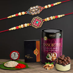 (K2_420+421_AS) Rakhi Combo with Assorted Chocolate Dryfruits 96gm, stylish rakhi for brother, Rakhi & Chocolate for brother, rakhi brother, rakhi with gift, handmade rakhi, Set of 2 Rakhi