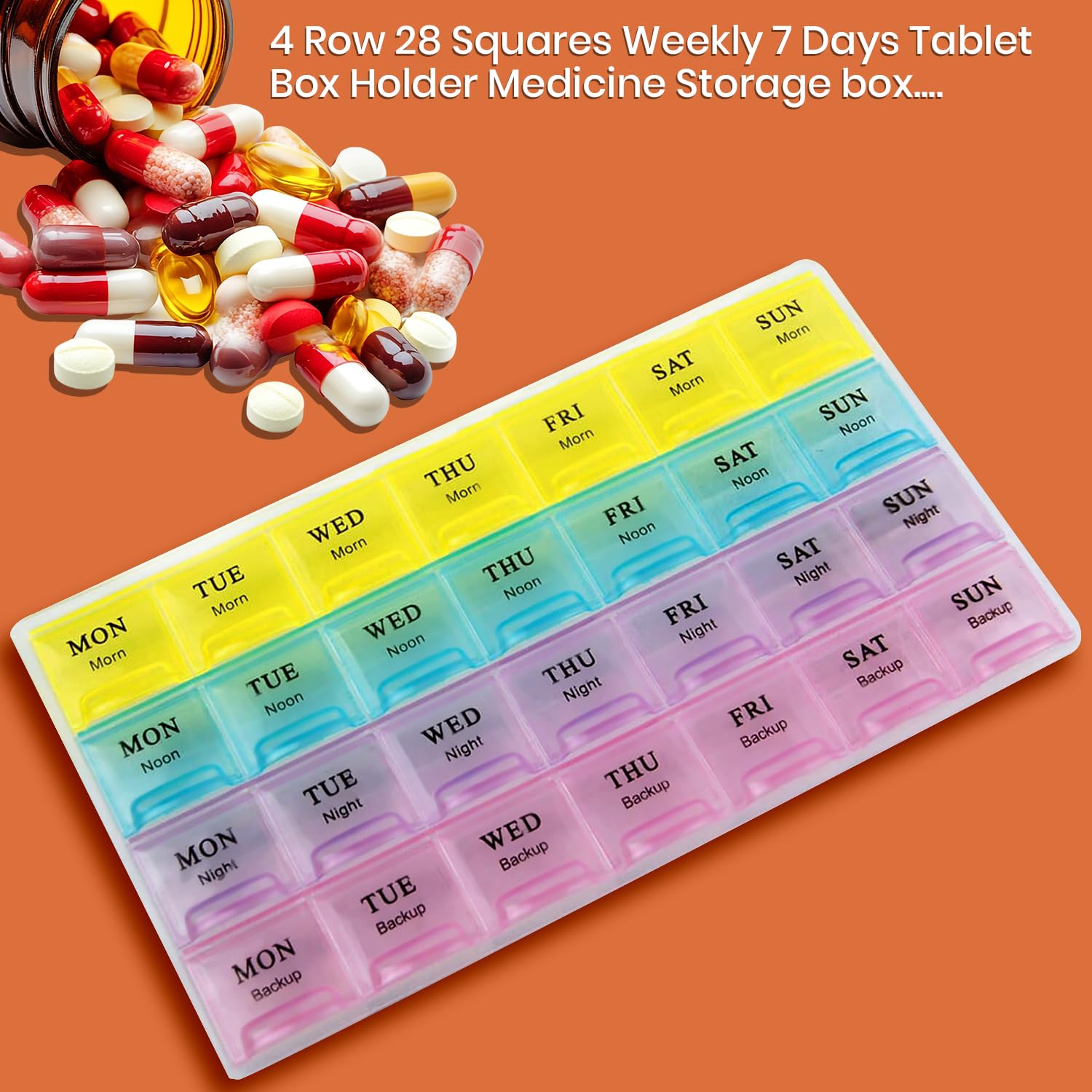 Weekly pill organizer showing colorful pill slots