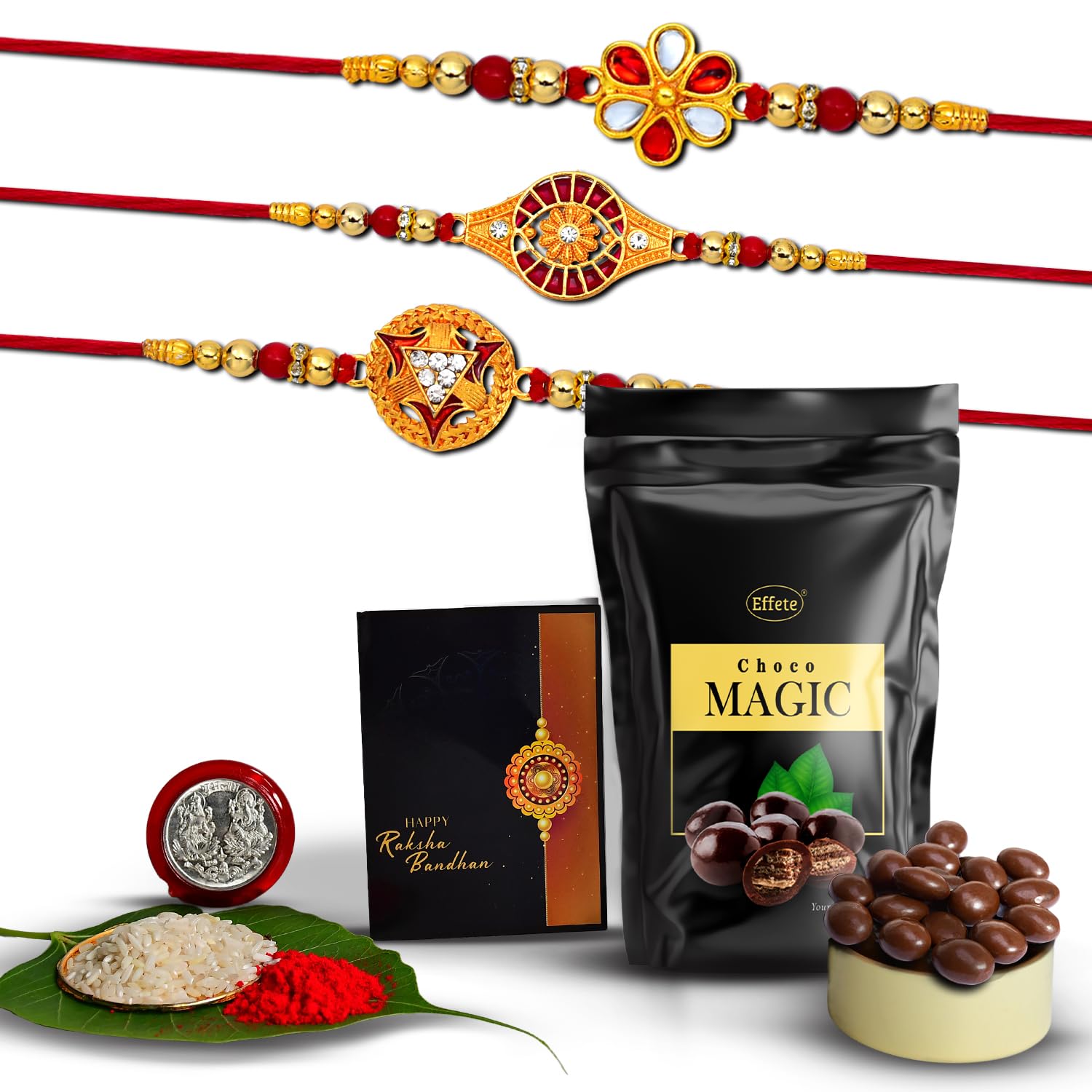 (K3_323+324+325_SM) Rakhi Combo with Choco Magic (Pouch), Rakhi for brother with gift, chocolate gift pack, rakhi with Chocolate Gift Hemper, Fancy Rakhis for men, Set of 3 Rakhi