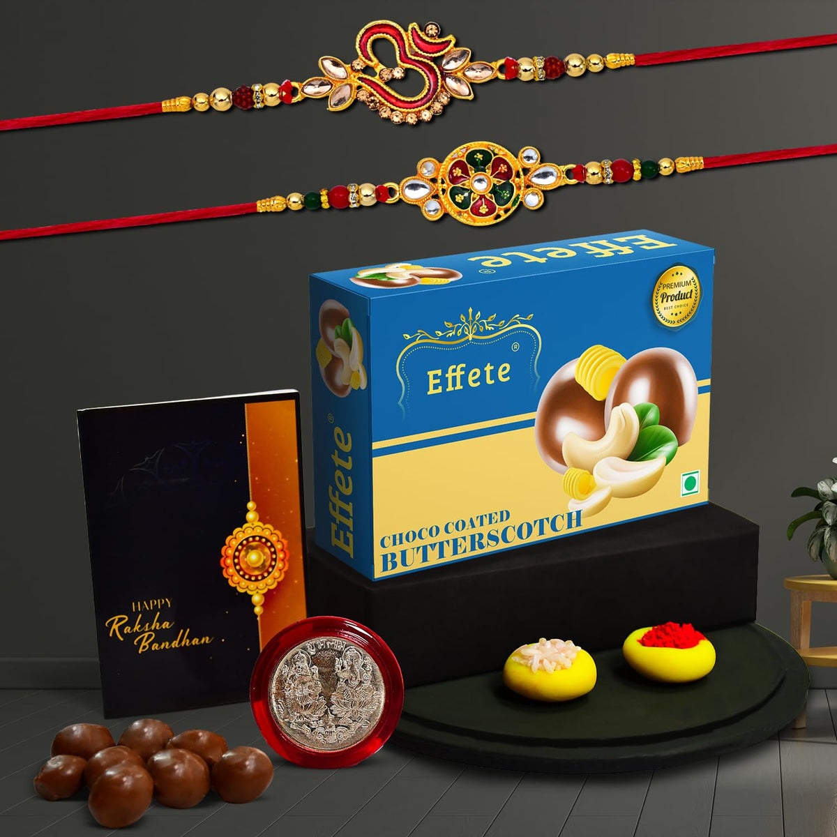 (K2_551+552_BS32) Rakhi Combo with  Chocolate Butter Scotch 32gm, Pooja Coin & Greeting Card, Rakhi Gift Hamper, stylish rakhi for brother, Rakhi & Chocolate for brother, rakhi brother, rakhi with gift, handmade rakhi, rakhi set of 2