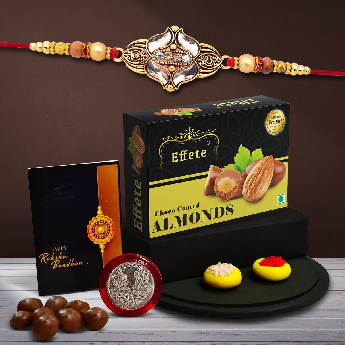(K1_428_CA32) Rakhi Combo with Chocolate Almonds 32gm, Rakhi for brother with gift, chocolate gift pack, rakhi with Chocolate Gift Hemper, Fancy Rakhis for men, Set of 1 Rakhi