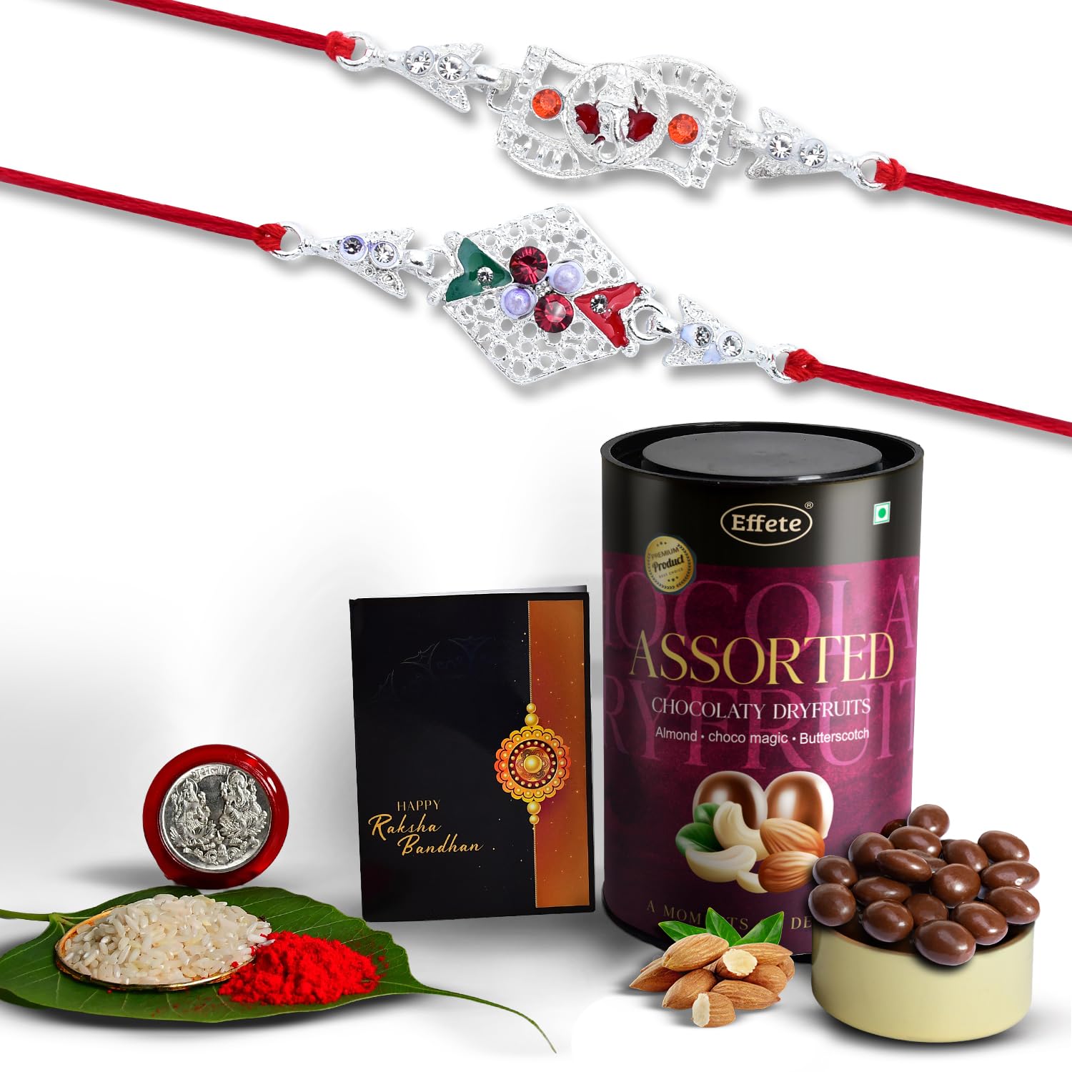 (K2_A42+A43_AS) Rakhi Combo with Assorted Chocolate Dryfruits 96gm| Rakhi for brother with gift | Fancy Rakhis for men stylish |rakhi combo for brother | Set of 2 Rakhi |  Chocolate |
