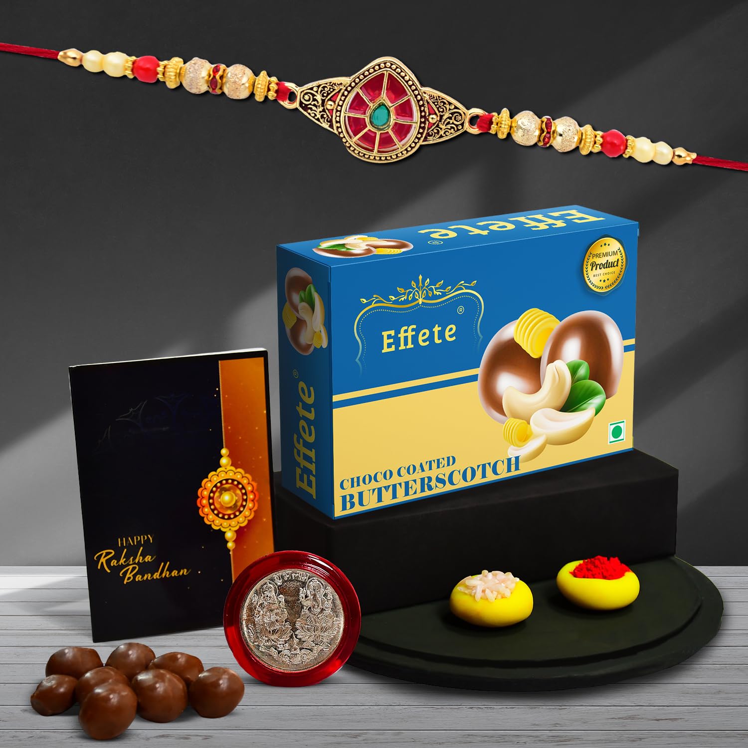 (K1_406_BS32) Rakhi Combo with Chocolate Butter Scotch 32gm, Rakhi for brother with gift, chocolate gift pack, rakhi with Chocolate Gift Hemper, Fancy Rakhis for men, Set of 1 Rakhi