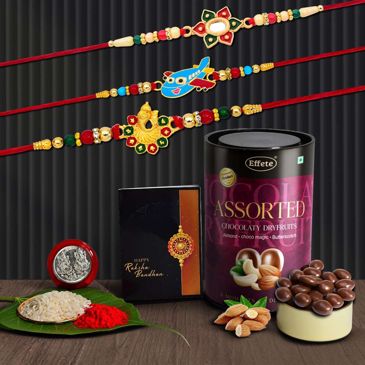 (K3_266+267+271_AS) Rakhi Combo & Assorted Chocolate Dryfruits 96gm| Rakhi & Chocolate for brother | Fancy Rakhis for men stylish | rakhi with gift | Rakhi Combo | Set of 3 |  Chocolate