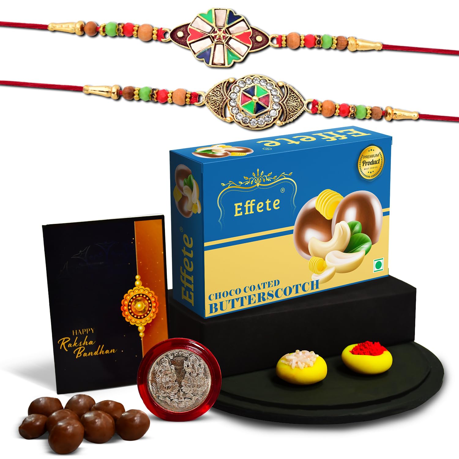(K2_416+417_BS32) Rakhi Combo with Chocolate Butter Scotch 32gm, stylish rakhi for brother, Rakhi & Chocolate for brother, rakhi brother, rakhi with gift, handmade rakhi, Set of 2 Rakhi