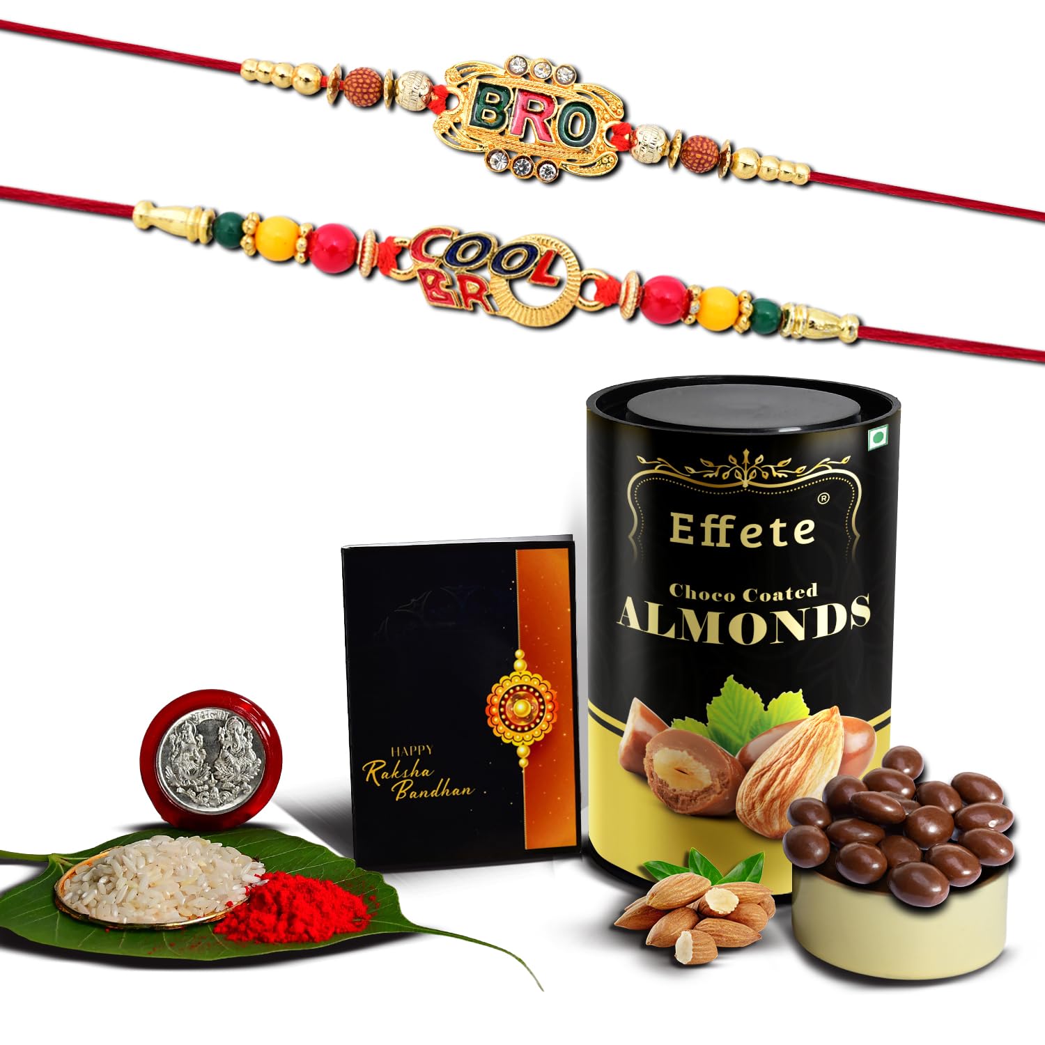 (K2_406+407_CA) Rakhi Combo with Chocolate Almonds 96gm| Rakhi for brother with gift | Fancy Rakhis for men stylish |rakhi combo for brother | Set of 2 Rakhi | Chocolate |