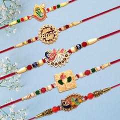 (K5_Nc4_Bs32) Multicolor Bracelet/ Rakhi With  Chocolate Butter Scotch, Silver Color Pooja Coin, Roli Chawal & Greeting Card| Handmade Rakhi |Stylish Set Of 5 Rakhi |