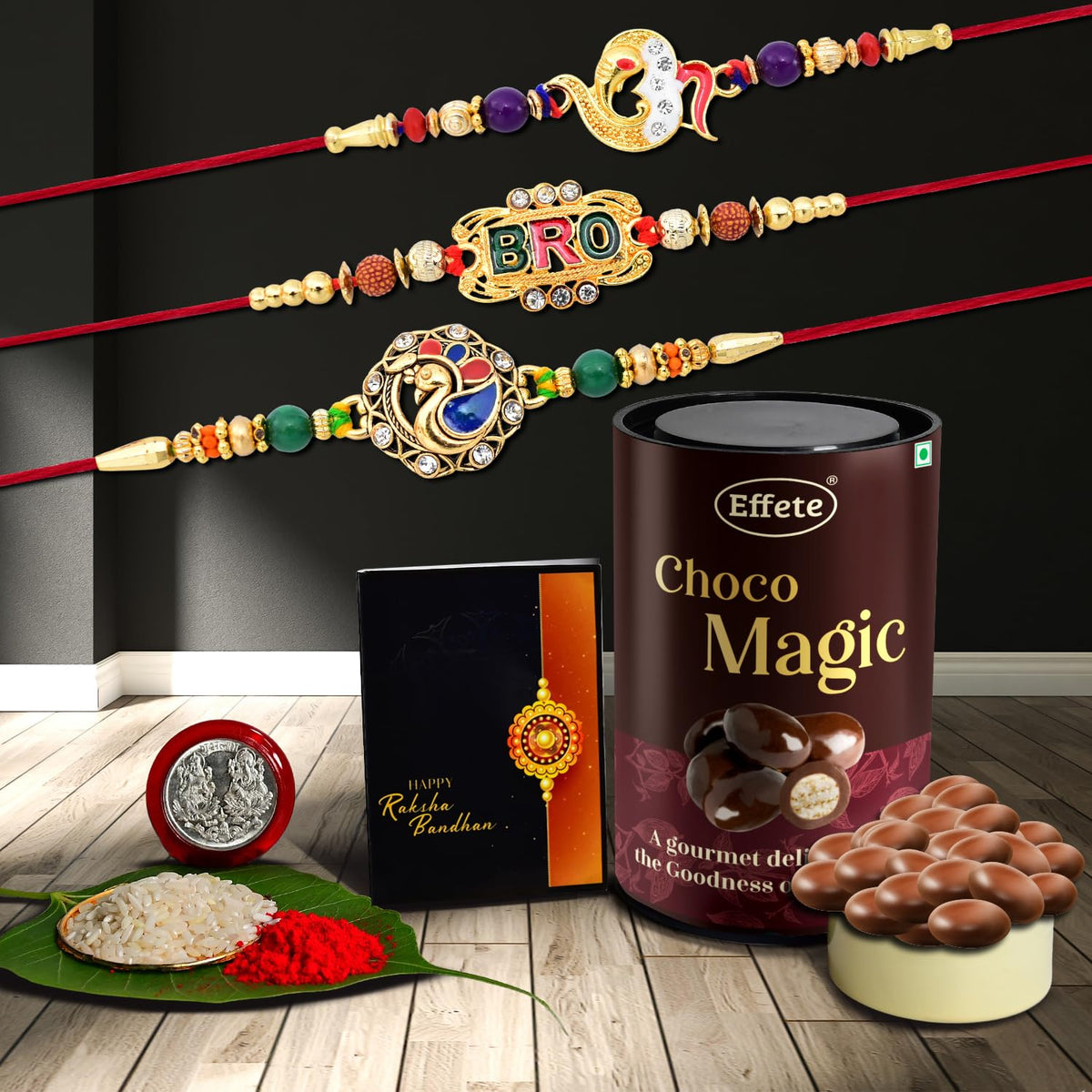 (K3_407+408+411_EM) Rakhi Combo & Chocolate Magic | Rakhi & Chocolate for brother | Fancy Rakhis for men stylish | rakhi with gift | Rakhi Combo | Set of 3 |  Chocolate
