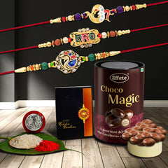 (K3_407+408+411_EM) Rakhi Combo & Chocolate Magic | Rakhi & Chocolate for brother | Fancy Rakhis for men stylish | rakhi with gift | Rakhi Combo | Set of 3 |  Chocolate