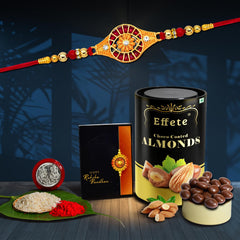 (K1_325_CA) Rakhi Combo with Chocolate Almonds 96gm, Rakhi for brother with gift, chocolate gift pack, rakhi with Chocolate Gift Hemper, Fancy Rakhis for men, Set of 1 Rakhi