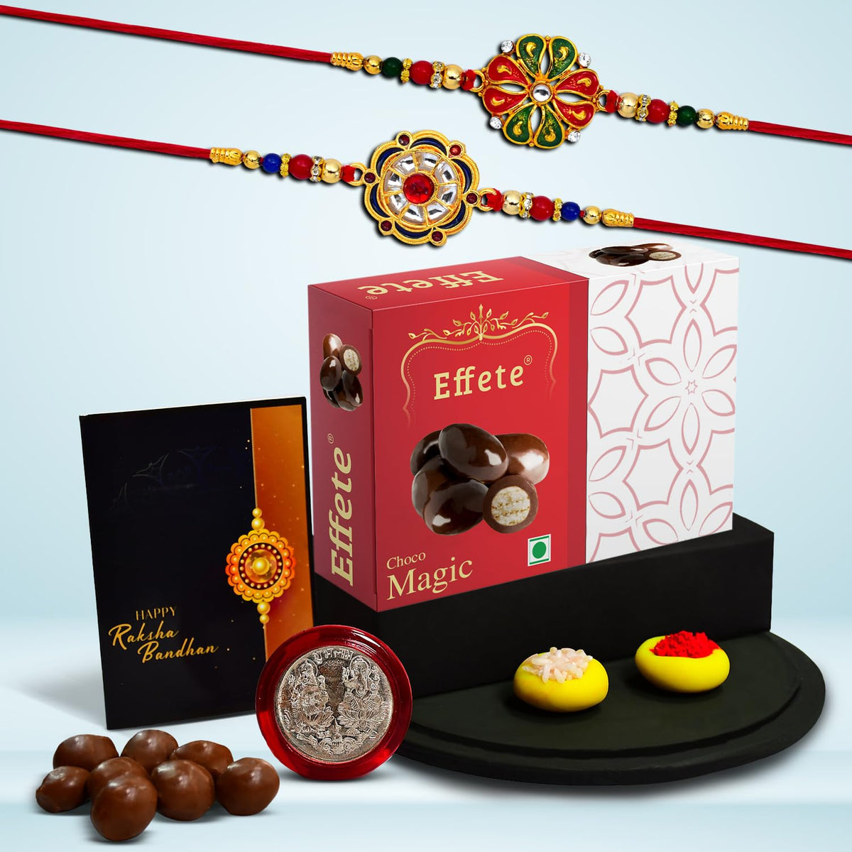 (K2_299+304_EM32) Rakhi with Chocolate Magic 32gm| Rakhi for brother with gift | handmade rakhi |rakhi combo for brother | stylish rakhi for brother | Set of 2 Rakhi |