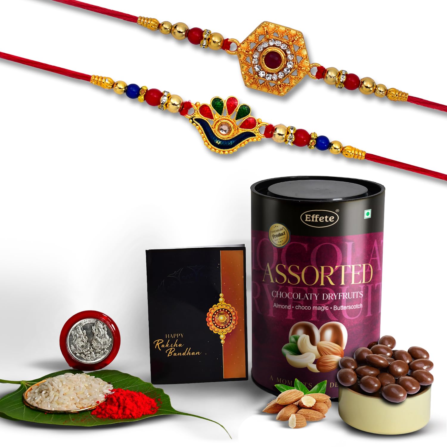(K2_313+314_AS) Rakhi Combo with Assorted Chocolate Dryfruits 96gm| Rakhi for brother with gift | chocolate gift pack |rakhi with Chocolate Gift Hemper | Fancy Rakhi for men | Set of 2 |