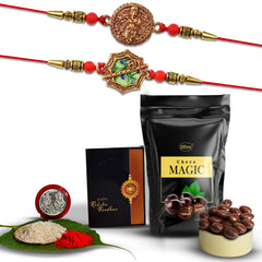 (K2_3+4_Sp) Multicolor Rakhi Combo Chocolate Magic 32Gm, Silver Color Pooja Coin, Roli Chawal & Greeting Card, Rakhi & Chocolate Brother, Rakhi Gift, Handmade Rakhi, Set Of 2