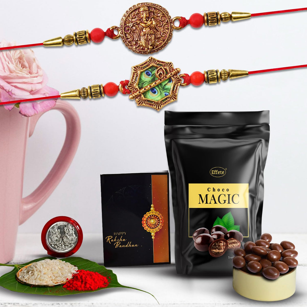 (K2_3+4_Sp) Multicolor Rakhi Combo Chocolate Magic 32Gm, Silver Color Pooja Coin, Roli Chawal & Greeting Card, Rakhi & Chocolate Brother, Rakhi Gift, Handmade Rakhi, Set Of 2