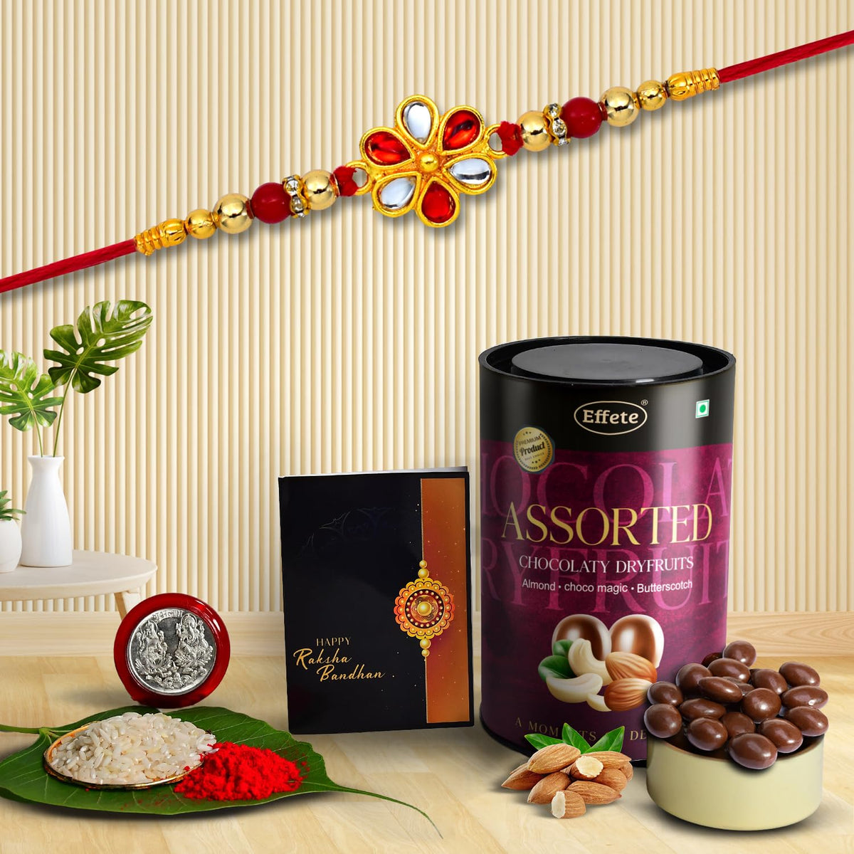 (K1_323_AS) Rakhi Combo with Assorted Chocolate Dryfruits 96gm, Rakhi for brother with gift, chocolate gift pack, rakhi with Chocolate Gift Hemper, Fancy Rakhis for men, Set of 1 Rakhi