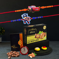 (K2_870+871_CA32) Rakhi Combo with  Chocolate Almonds 32gm, Pooja Coin & Greeting Card, rakhi for kids, rakhi for kids with gift, rakhi gift for brother kids, rakhi with gift for kids, rakhi for brother kids, rakhi with Chocolate Gift Hemper,