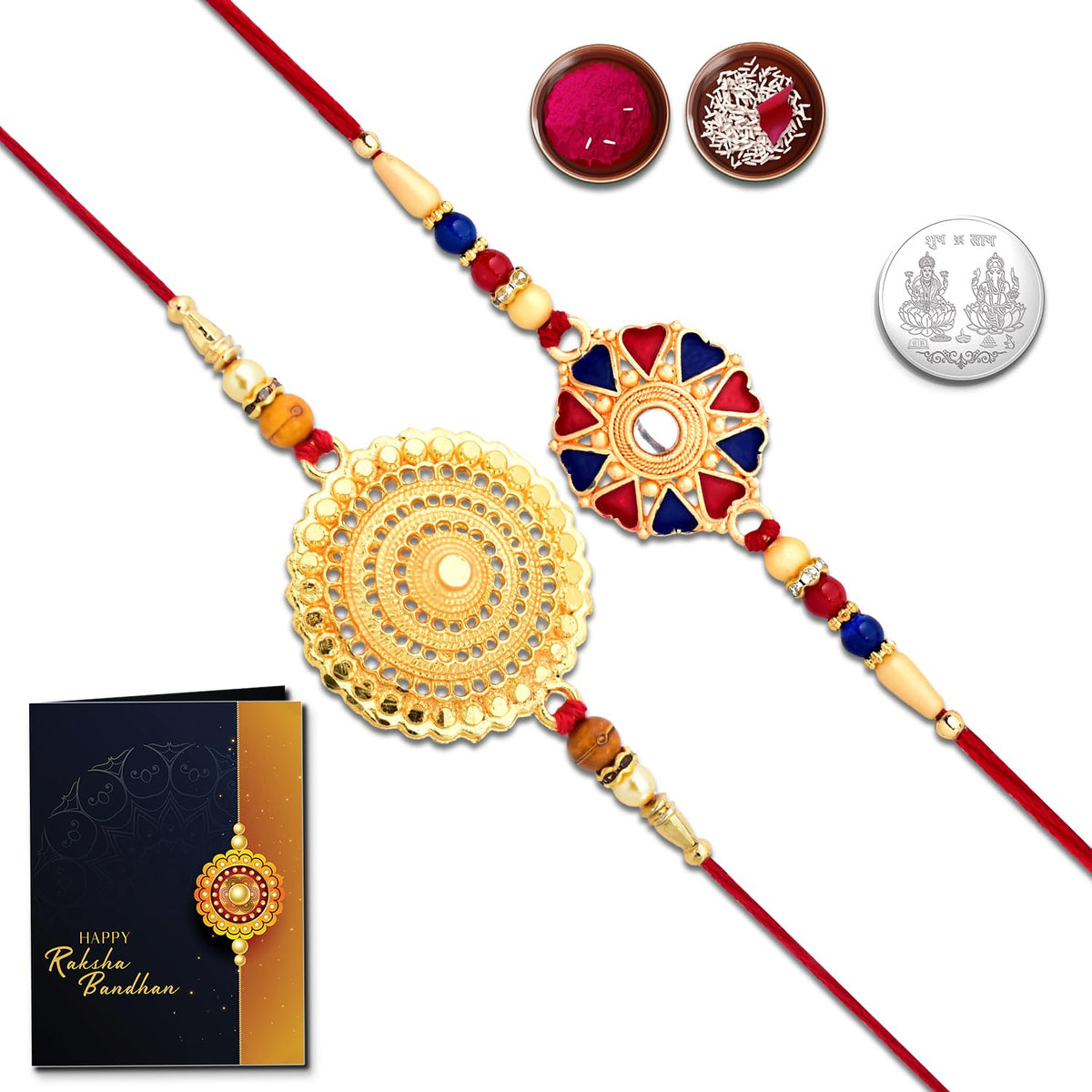 (K2_501+507) Rakhi With Pooja Coin & Rakhi Card, Silver Rakhi For Brother | Rakhi For Brother And Bhabhi | Lumba Rakhi Set | Bhai Bhabhi Rakhi Set | Kundan Rakhi|Chandi Ki Rakhi|Rakhi Set Of 1