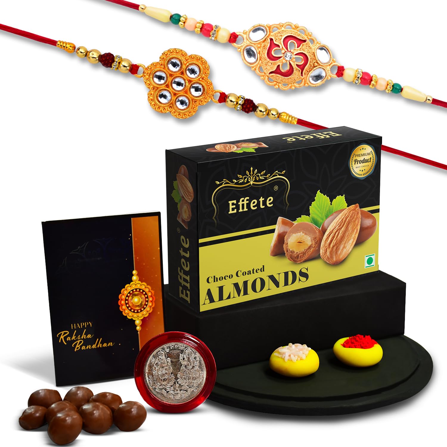 (K2_528+531_CA32) Rakhi Combo with Chocolate Almonds 32gm, Rakhi & Chocolate for brother, Fancy Rakhis for men stylish, rakhi with gift, Rakhi Combo, Set of 2,  Chocolate