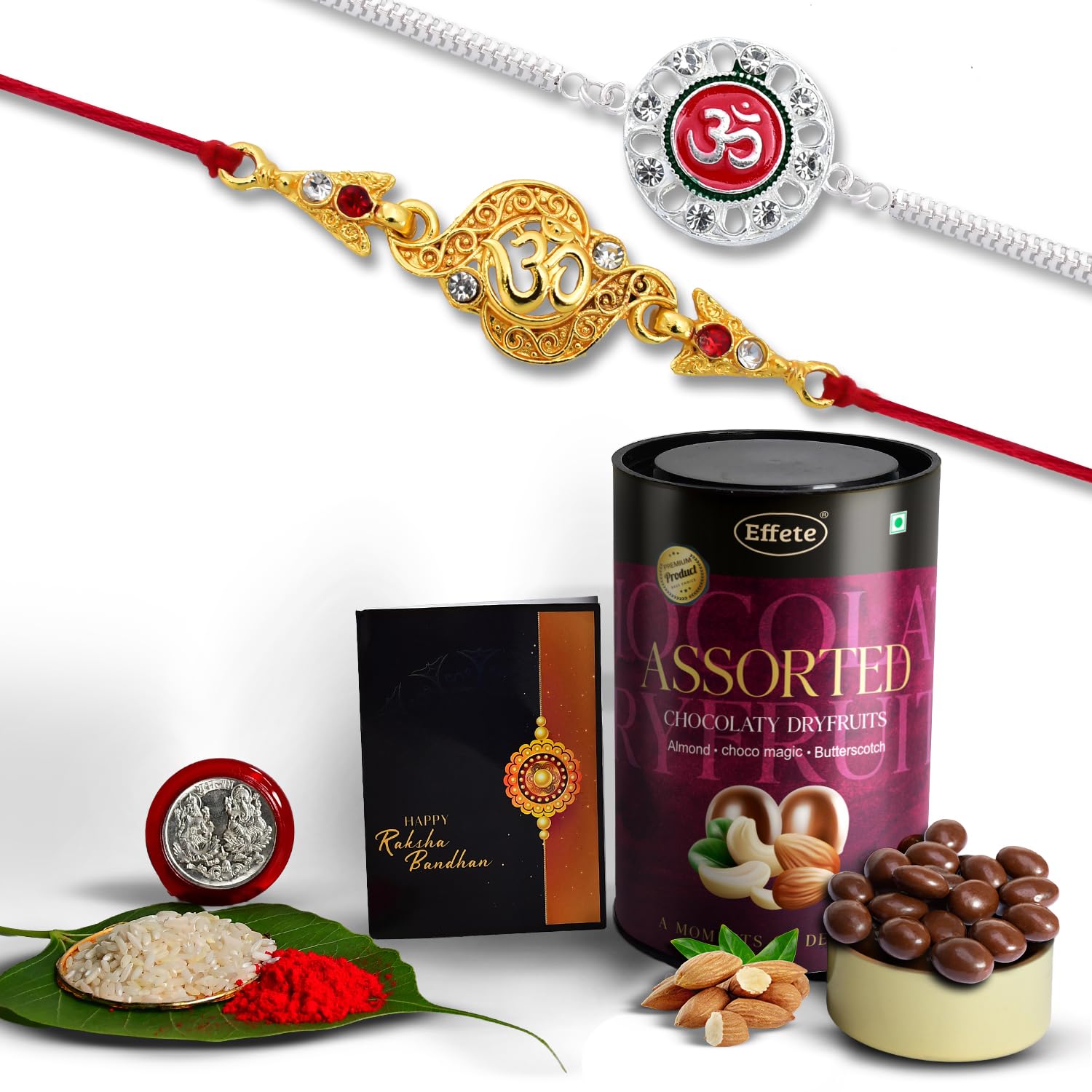 (K2_404+C8_AS) Rakhi Combo with Assorted Chocolate Dryfruits 96gm, Rakhi & Chocolate for brother, Rakhi with chocolate, rakhi with gift, Rakhi Combo, Set of 2 Rakhi, Chocolate