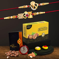 (K2_412+413_Ea32) Rakhi Combo With Chocolate Almond 32Gm, Pooja Coin & Greeting Card | Rakhi Gift Hamper | Rakhi For Brother With Gift | Chocolate Gift Pack, Set Of 2 |