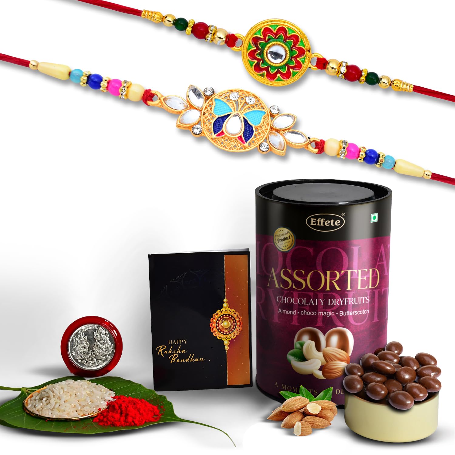 (K2_513+514_AS) Rakhi Combo with Assorted Chocolate Dryfruits 96gm, Rakhi & Chocolate for brother, Rakhi with chocolate, rakhi with gift, Rakhi Combo, Set of 2 Rakhi,  Chocolate
