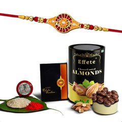 (K1_325_CA) Rakhi Combo with Chocolate Almonds 96gm, Rakhi for brother with gift, chocolate gift pack, rakhi with Chocolate Gift Hemper, Fancy Rakhis for men, Set of 1 Rakhi