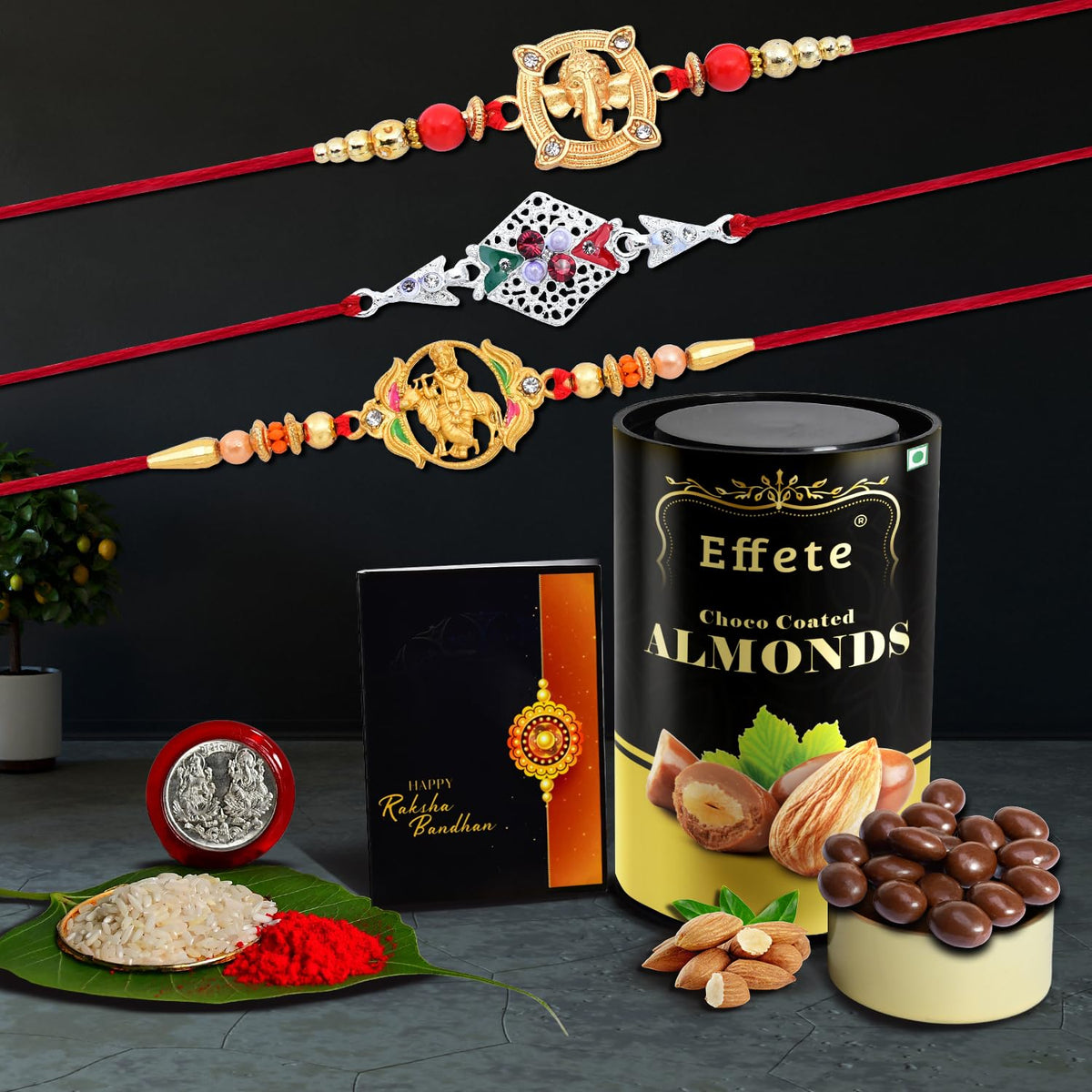 (K3_908+909+A42_CA) Rakhi Combo with Chocolate Almonds 96gm, Rakhi & Chocolate for brother, Fancy Rakhis for men stylish, rakhi with gift, Rakhi Combo, Set of 3,  Chocolate