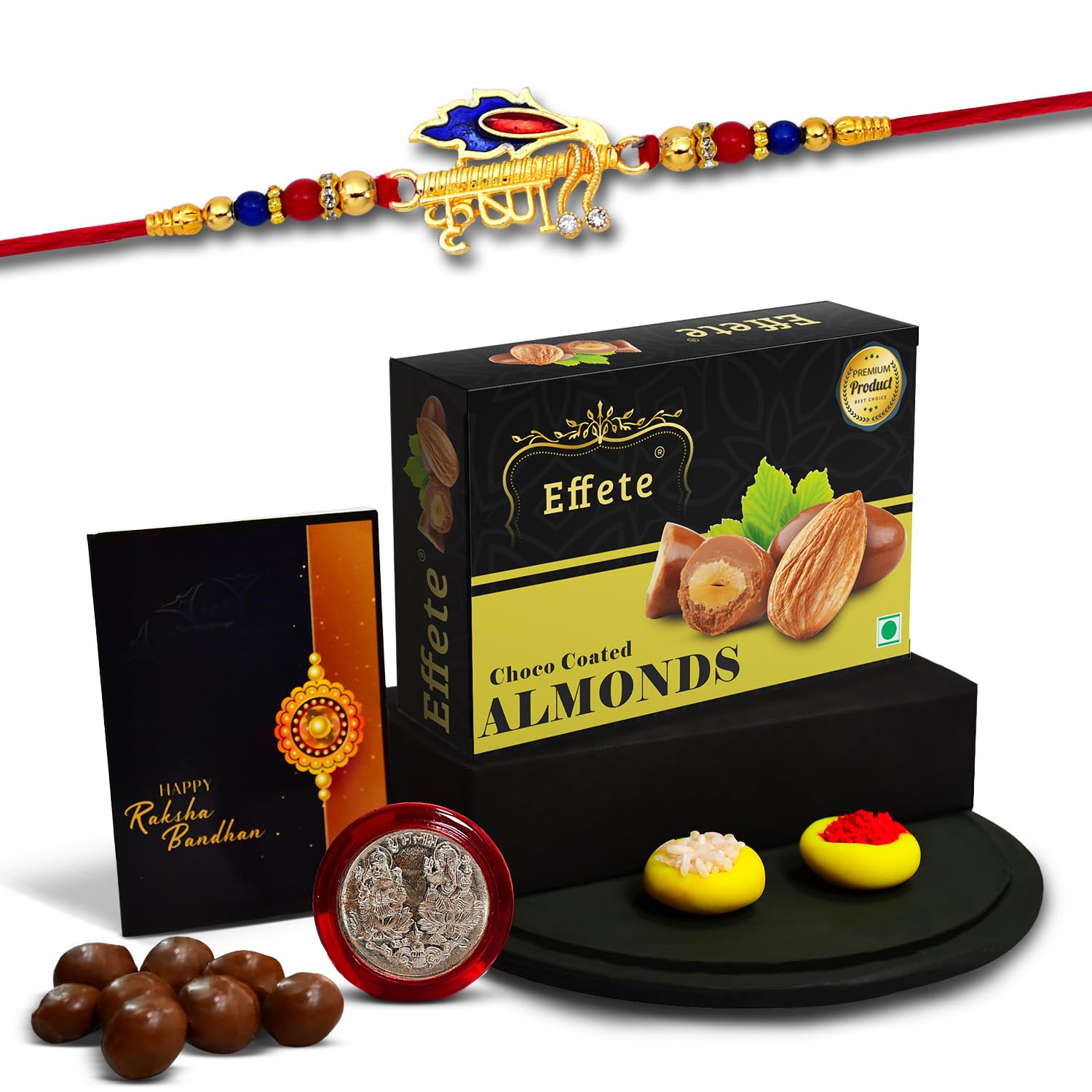 (K1_320_CA32) Rakhi Combo with Chocolate Almonds 32gm, Rakhi for brother with gift, chocolate gift pack, rakhi with Chocolate Gift Hemper, Fancy Rakhis for men, Set of 1 Rakhi