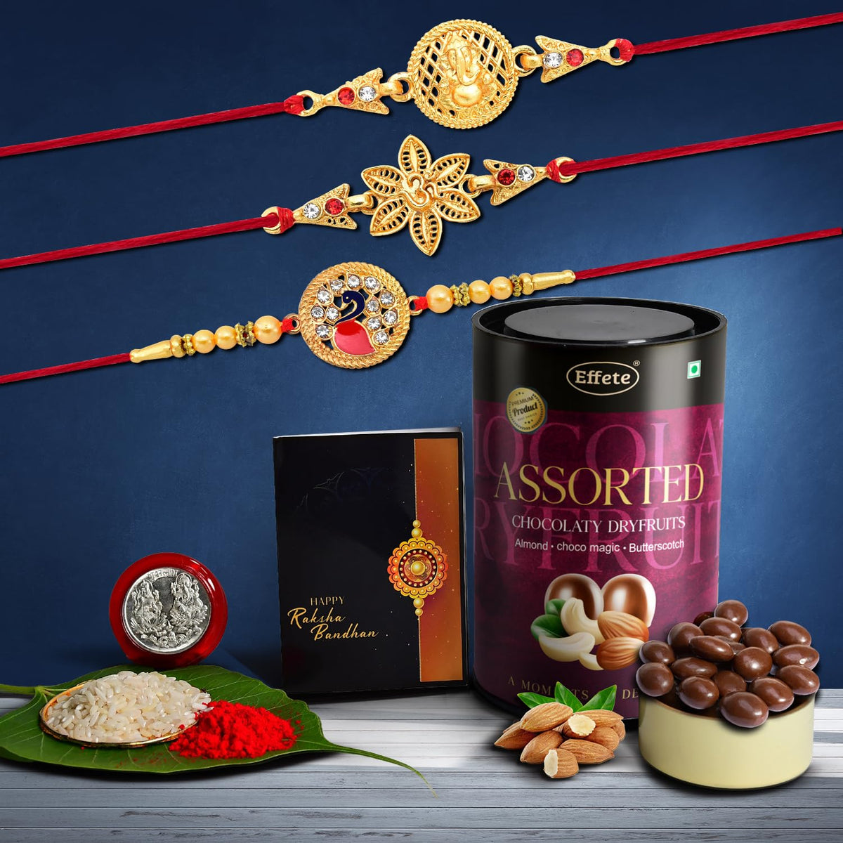 (K3_431+432+433_AS) Rakhi Combo with Assorted Chocolate Dryfruits 96gm, stylish rakhi for brother, Rakhi & Chocolate for brother, rakhi brother, rakhi with gift, handmade rakhi, Set of 3 Rakhi